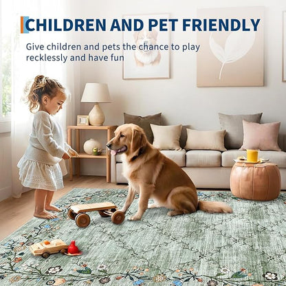 Garveehome 5x7 Washable Floral Area Rugs for Living Room: Modern Floral Non Slip Large Area Rugs for Bedroom, Large Machine Washable Living Room Low Pile Carpet with Non-Slip Backing Green 5 ft x7 ft.