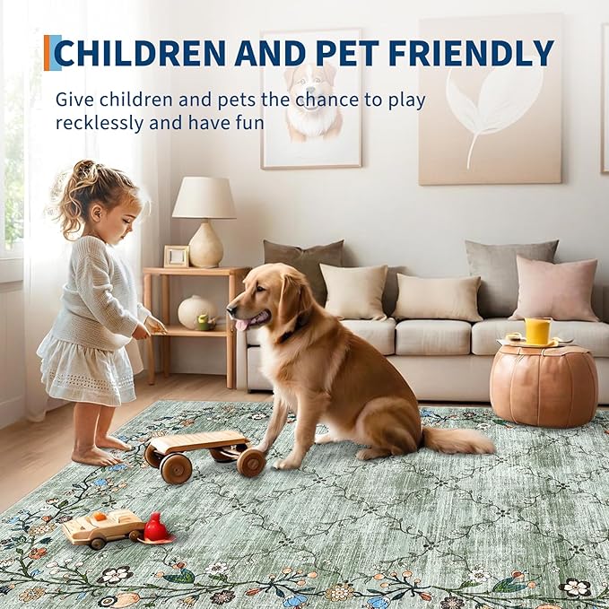 GarveeHome 9x12 Washable Floral Area Rugs for Living Room: Modern Floral Non Slip Large Area Rugs for Bedroom, Large Machine Washable Living Room Low Pile Carpet with Non-Slip Backing Green 9'x12'.