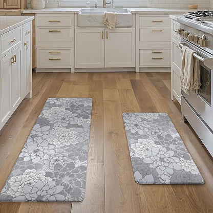 GENIMO Kitchen Mats for Floor, Kitchen Rugs Non Slip Washable Sets of 2, Waterproof Cushioned Anti Fatigue Mat, Floral Runner Rug for Laundry, Sink, Office, Home, 17.3"x47"+17.3"x30", Lavender Grey