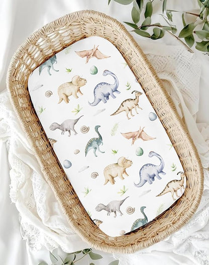 Bassinet Sheets for Baby Girls Boys 2 Pack, Fitted Baby Mattress Sheet for Rectangle, Oval, Hourglass Bassinet Mattress, Breathable Cozy & Universal Fit (Dino Pals)