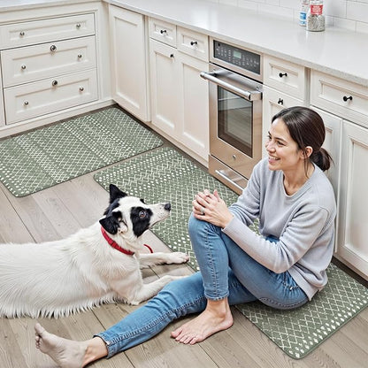 KIMODE Kitchen Mats for Floor Anti Fatigue, Green Boho Kitchen Rugs Sets of 2, Cushioned Kitchen Floor Mats, Comfort Standing Mat for Sink Laundry Office Desk 17"x47"+17"x29"