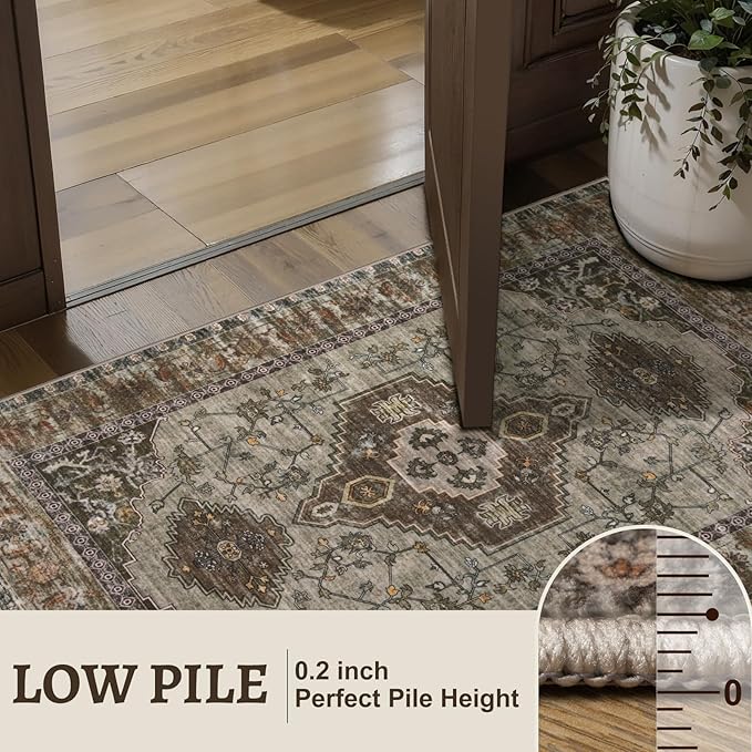 Tangsoo 2x6 Washable Runner Rug for Hallways, Non Slip Vintage Runner Rug, Soft Low Pile Long Rug Runner, Print Distressed Carpet Runners for Kitchen Bedroom Entryway Bathroom Living Room Grey