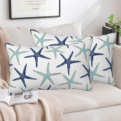 Throw Pillow Covers Nautical Starfish Pillow Covers 20x12 Inch Set of 2 Navy Blue and Turquoise Sea Stars Throw Pillows Decorative Pillow Cases Cushion Covers for Bedroom Livingroom