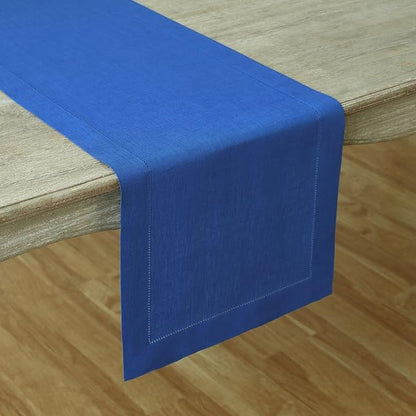 Solino Home Linen Royal Blue Table Runner 120 Inches Long - 100% Pure Linen 14 x 120 Inch Table Runner for Christmas, New Year - Classic Hemstitch