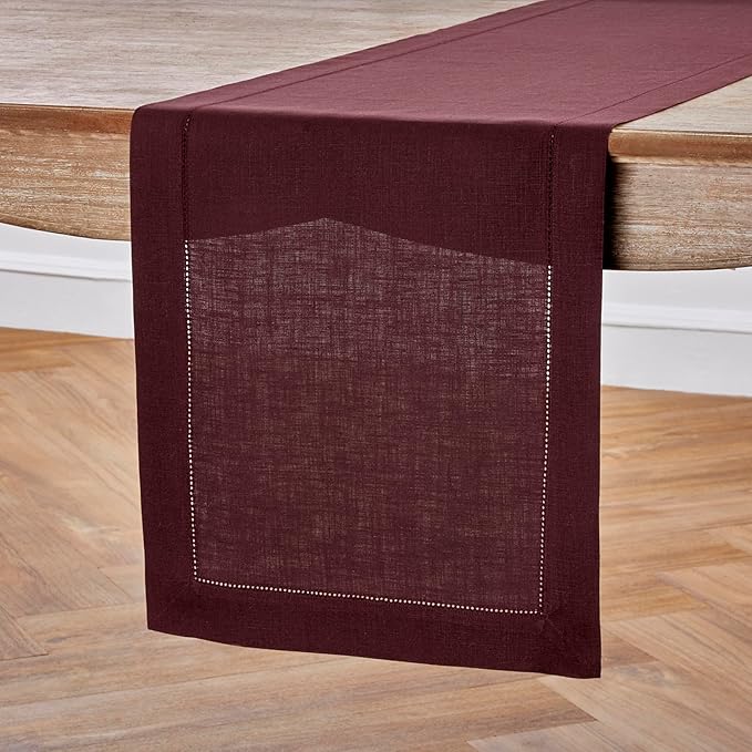 Solino Home Linen Burgundy Table Runner 144 Inches Long - 100% Pure Linen Extra Long Table Runner 14 x 144 Inch for Christmas, Holiday, Winter, New Year - Classic Hemstitch