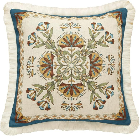patdrea Designer Square Throw Pillow Covers,French Vintage Blue Farmhouse Linen Floral Pattern Pillow Cover,Decorative Pillowcases Cushion for Bed Living Room Outdoor Car,18"x18"