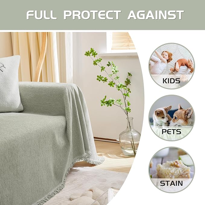 MEETSKY Green Sofa Covers for Dogs - 2 Cushion Chenille Slipcover for Sectional L-Shaped Couch - Pets Protector Furniture Cover, 71" x 134", Sage Green