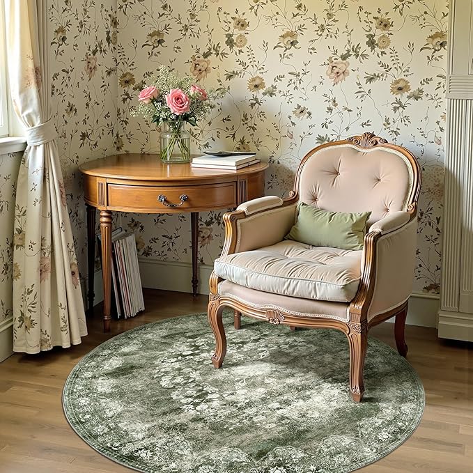 jinchan Round Rug 4ft Area Rug - Green Vintage Floor Mat Kitchen Indoor - Washable Circle 4' Thin Floral Print Christmas Carpet Retro Farmhouse Non Slip Dining Room Living Room Bedroom Office