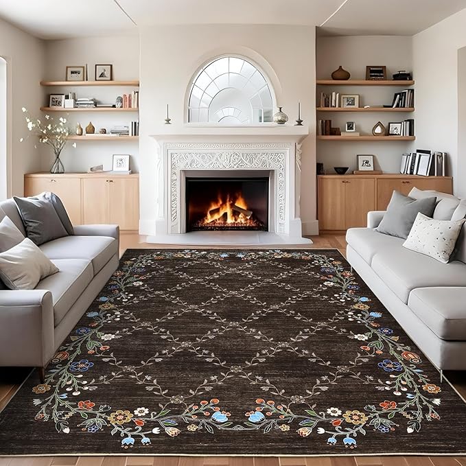 GarveeHome 10x13 Washable Floral Area Rugs for Living Room: Modern Floral Non Slip Large Area Rugs for Bedroom, Large Machine Washable Living Room Low Pile Carpet with Non-Slip Backing Brown 10'x13'.
