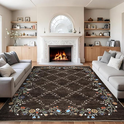 Garveehome 5x7 Washable Floral Area Rugs for Living Room: Modern Floral Non Slip Large Area Rugs for Bedroom, Large Machine Washable Living Room Low Pile Carpet with Non-Slip Backing Brown 5 ft x7 ft.