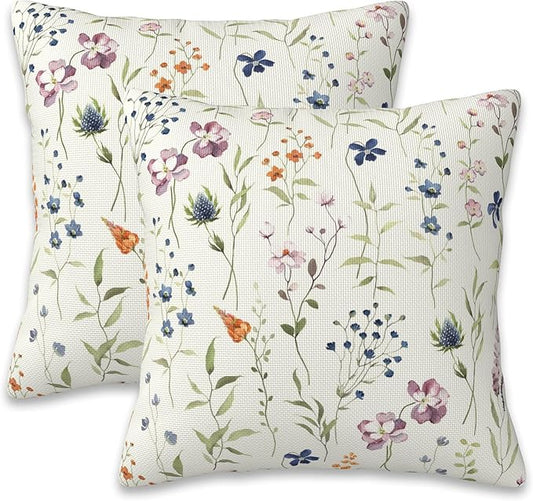 Throw Pillow Covers Spring Summer Floral Pillow Covers 20x20 Inch Set of 2 Watercolor Flowers Throw Pillows Decorative Pillow Cases Cushion Covers for Bedroom Livingroom Sofa Farm House