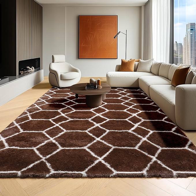 ONASAR 5x7 Area Rugs for Living Room Bedroom, Washable Fluffy Brown and White Throw Rug, Geometric Boho Soft Plush Shaggy Floor Bedside Carpet Mat for Nursery Kids Girls Boys Teen Dorm Home Decor