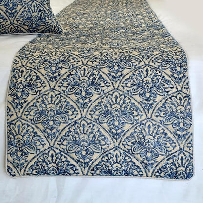 The HomeCentric King/Queen/Twin Blue Designer Twin 53"x18" Bed Runner with Pillow Cover, Embroidery, Quilted Bed Scarf on Cotton Fabric - Farzeen Blue