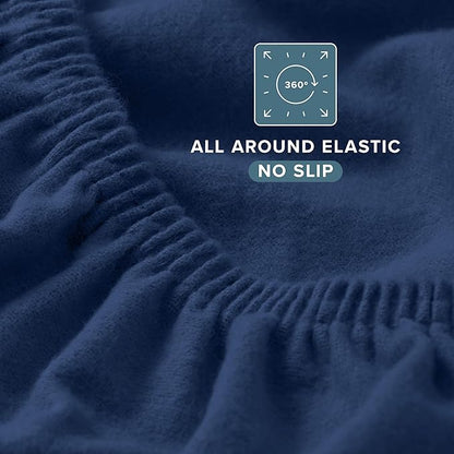 Bare Home Flannel Fitted Bottom Sheet 100% Cotton, Velvety Soft Heavyweight - Double Brushed Flannel - Deep Pocket (Queen, Dark Blue)