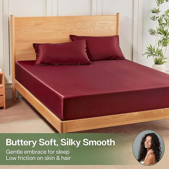 MR&HM Full Fitted Sheet Only, Ultra-Soft Rayon Derived from Bamboo & Polyester Blend, Silky & Breathable, 15" Deep Pocket with Elastic Straps, Cooling Fitted Sheet for Hot Sleepers, Burgundy