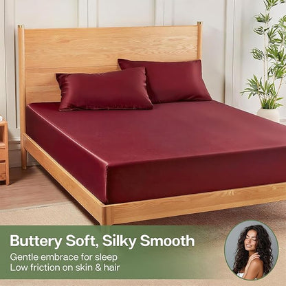 MR&HM Twin Fitted Sheet Only, Ultra-Soft Rayon Derived from Bamboo & Polyester Blend, Silky & Breathable, 15" Deep Pocket with Elastic Straps, Cooling Fitted Sheet for Hot Sleepers, Burgundy