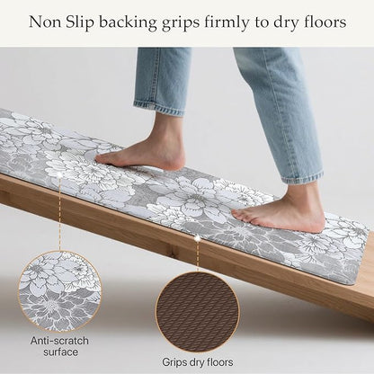 GENIMO Kitchen Mats for Floor, Kitchen Rugs Non Slip Washable Sets of 2, Waterproof Cushioned Anti Fatigue Mat, Floral Runner Rug for Laundry, Sink, Office, Home, 17.3"x59"+17.3"x30", Lavender Grey