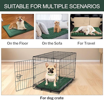 Washable Dog Bed Plush Orthopedic Outdoor Crate Mat with Non-Slip Bottom,Luxe Soft Kennel Pad for Pets,Cozy Cage Cushion & Pet Sleeping Mattress Large Sized,Medium,Small Dogs,24 x 18 inch,Green