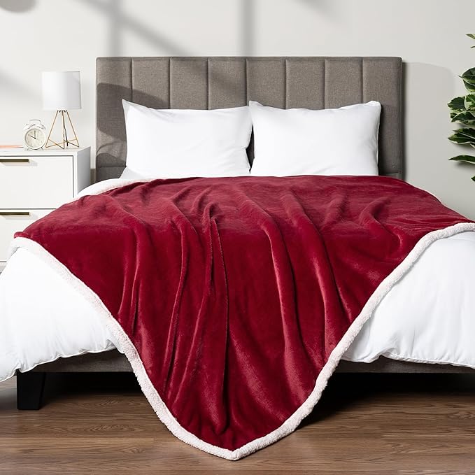 PAVILIA Sherpa Fleece Throw Blanket for Couch, Twin Size, Maroon Red, Plush Soft Fuzzy Sofa Blanket, Cozy Reversible Winter Throw for Women Men, 60x80 Inches