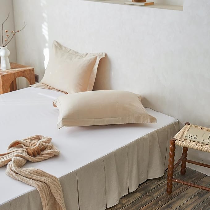 BISELINA French Linen Pleated Bed Skirt, 18" Tailored Draped Natural Linen-Cotton Blend Basic Dust Border Soft Comfort Farmhouse Bedding (18" Queen, Linen)