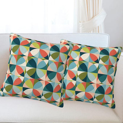 bassyil Geometric Mid Century Modern Colors Throw Pillow Covers Decorative Linen Pillow Cases Set of 2 Square Cushion Cover for Couch Sofa Bedroom Patio 18x18 Inch