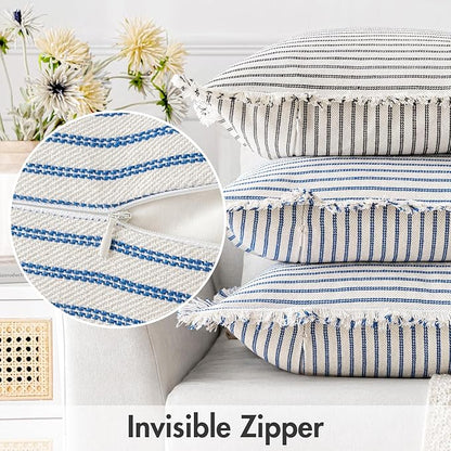 MIULEE Pack of 2 Royal Blue Pillow Covers 18x18 Inch Striped Farmhouse Couch Throw Pillow Covers with Fringe Chic Linen Decorative Cushion Covers for Sofa Living Room Bed Outdoor Home Decor