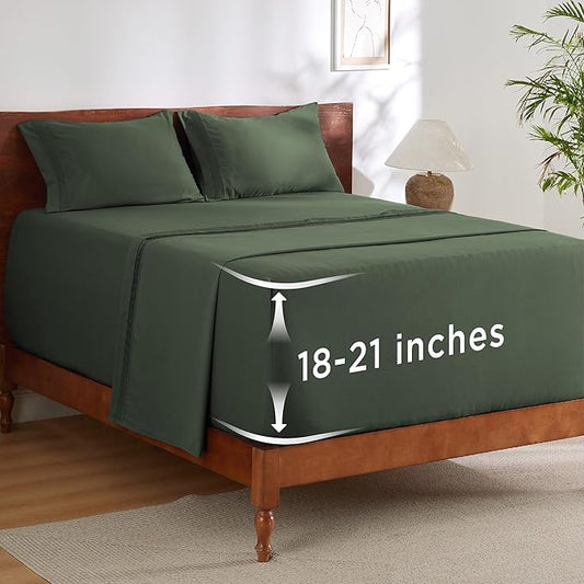 Bedsure Deep Pocket Full Size Bed Sheets Set - Fits Mattresses Up to 21 Inches Thick - 4 Piece GentleSoft Bed Sheets, Moisture Wicking, Cooling Bedsheet & Pillowcases, Easy & Secure Fit, Olive Green