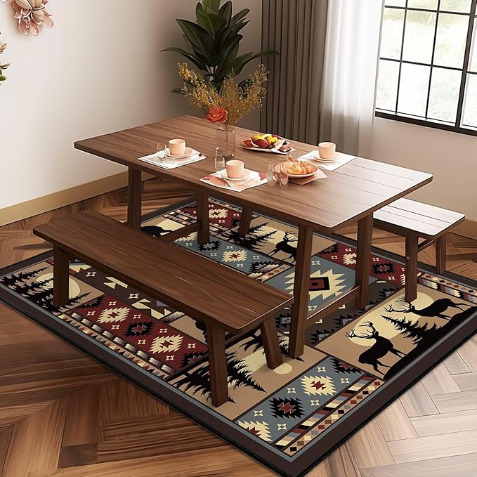 Rustic Rug for Bedroom,Cabin Wildlife Area Rug 4x6 Carpets Runner for Living Room,Buffalo Plaid Bear Moose Deer Country,Washable Throw Rugs Indoor Doormat Non Slip Floor Mats for Dining Room,Laundry