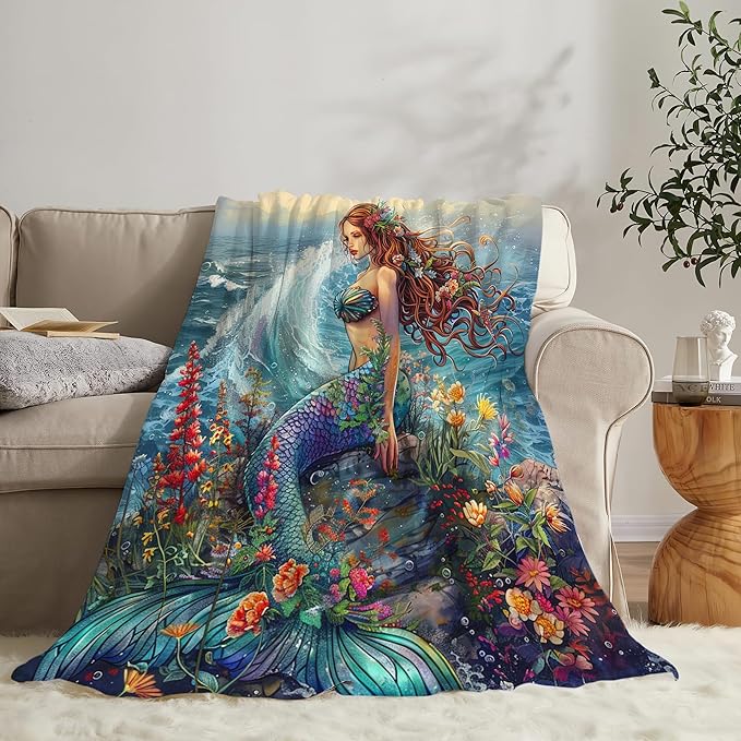 Mermaid Throw Blanket - Soft, Warm & Cozy Fleece for Couch, Sofa, Bed - 50"x40" - Ocean Theme