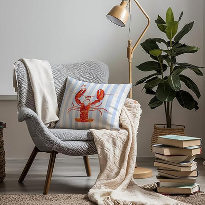 Coastal Christmas Lobster Pillow Covers 18x18, Christmas Lobster Decor, Xmas Santa Crawfish Beach Blue Striped Throw Pillow Covers for Home Bedroom Living Room Sofa Couch