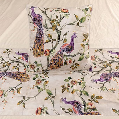 The HomeCentric King Queen Twin Ivory & Multicolor Decorative Queen 74"x18" Bed Runner with Pillow Cover, Peacock Bed Scarf on Cotton Printed with Beads Fabric - Peacock Queen