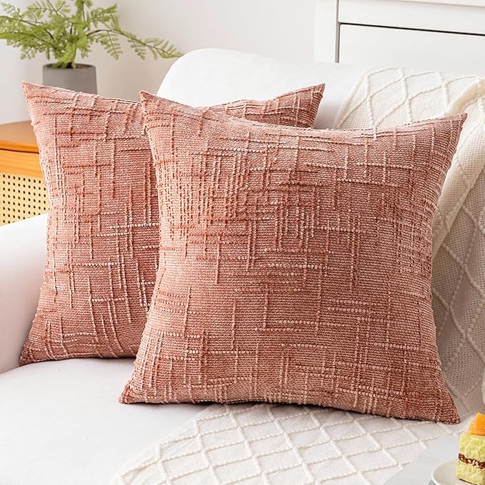 Decorative Throw Pillow Covers 16x16 Inch Set of 2, Soft Solid Farmhouse Chenille Couch Pillows, Spring Pillow Covers for Couch Sofa Bed Living Room Home Decor Pillowcase, Coral