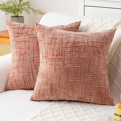 Decorative Throw Pillow Covers 22x22 Inch Set of 2, Soft Solid Farmhouse Chenille Couch Pillows, Spring Pillow Covers for Couch Sofa Bed Living Room Home Decor Pillowcase, Coral