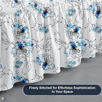 Cottington Lane Ruffled Bed Skirt Twin Size with Split Corner, Brushed Microfiber Hotel Quality Dust Ruffle, 16 Inch Drop Gathered Bedskirt, Soft, Stylish, Shrink & Fade Resistant, Blue Blossom