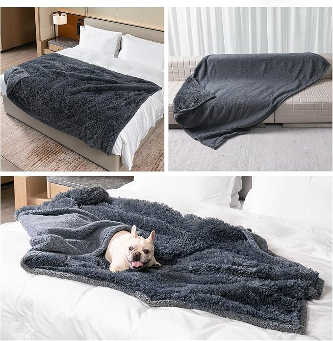 Waterproof Gray Pet Blanket for Dogs Fluffy Long Faux Fur Pets Throw Blankets for Large Dog Cat Puppy Couch Cover Love Bed Protector Mat Washable(Grey,L-65X57in)