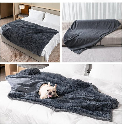 Waterproof Dog Calming Blanket Gray Pet Throw Blankets for Dogs Cats Fluffy Long Faux Fur Puppy Couch Cover Reversible Love Bed Mat Washable(Gray,S-40x28in)