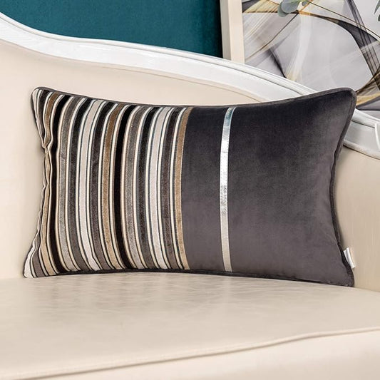 Yangest Grey Striped Patchwork Throw Pillow Cover Gold Leather Cushion Cover Zippered Rectangular Pillowcase for Sofa Couch Bedroom Living Room Home Decoration, 12x20 Inch