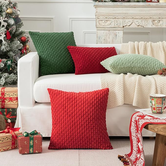 Kevin Textile 14x24 Inch Pillow Cover 1 Pack Boho Christmas Decorative Soft Striped Corduroy Lumbar Farmhouse Color Accent Rectangle Cushion Case for Living Room Couch Sofa Bed, Red