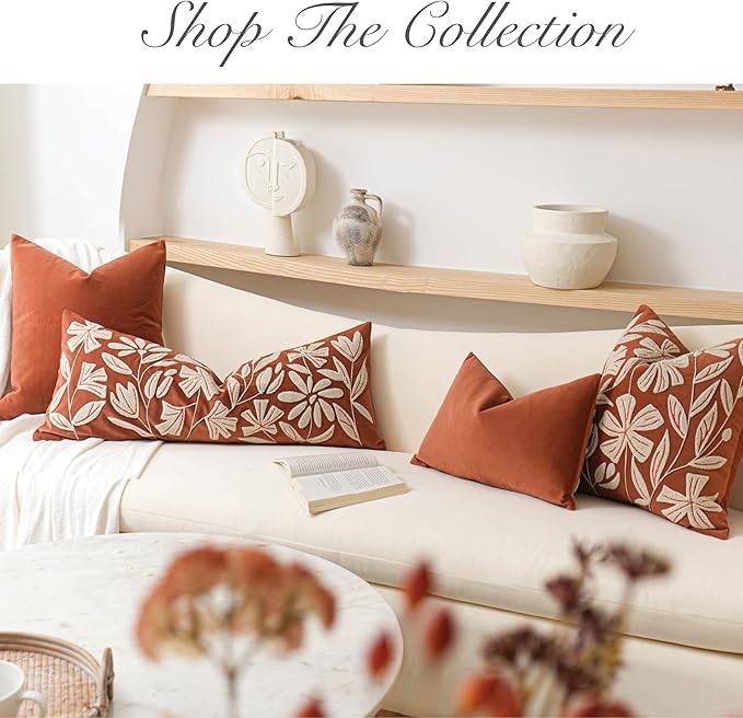 BlissBlush Fall Throw Pillow Cover 20x20, Rust Brick Red Soft Velvet Floral Decorative Accent Throw Pillowcase, Tufted Farmhouse Pillowcase for Couch Sofa Living Room Home Décor