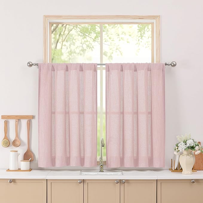 Simplebrand Blush Short Faux Linen Textured Cafe Kitchen Curtains 36 Inch Length 2 Panels, Over Sink Semi Sheer Farmhouse Light Filtering Panels Rod Pocket Drapes for Bathroom Window, 40 x 36 Inch