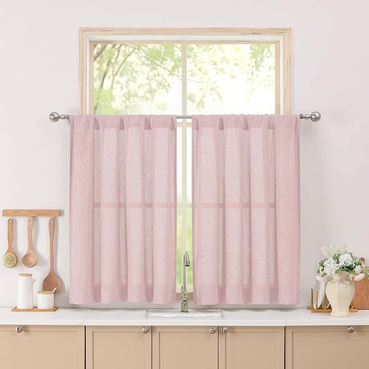Simplebrand Blush Short Faux Linen Textured Cafe Kitchen Curtains 36 Inch Length 2 Panels, Over Sink Semi Sheer Farmhouse Light Filtering Panels Rod Pocket Drapes for Bathroom Window, 40 x 36 Inch