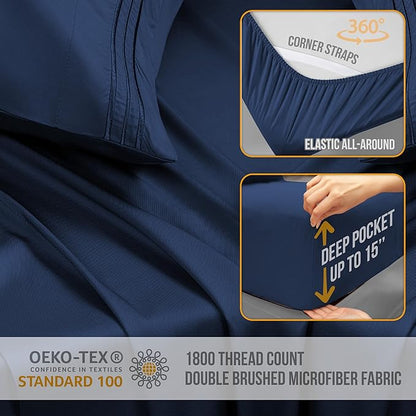 King Size Sheets Set Cooling - Luxury Hotel Sheets - Soft Bed Sheet with Elastic Corner Straps - Deep Pockets Microfiber Bedsheet - Bedding Sheet & Pillowcases - 4 PC (King, Navy Blue)