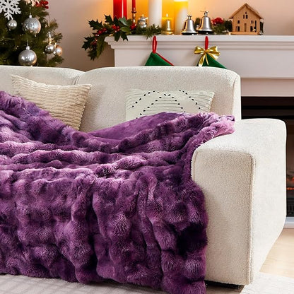 Lotus Karen Faux Fur Throw Blanket Tie-dye Violet - Big Bubble Rabbit Fluff Blanket for Couch Bed Sofa,Softest Fluffy Fuzzy Cozy Blanket,Thick Furry Plush Shaggy Warm Blankets for Women,90x90 Inches