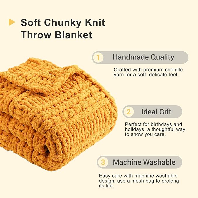Battilo Mustard Yellow Throw Blanket for Couch, Chunky Knit Throw Blanket, 50"x60", Gold Fall Throw, Super Soft Cozy Warm Chenille Knit Blankets for Bed, Sofa, Living Room