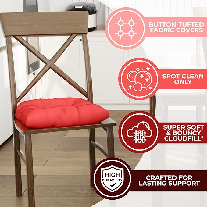 Klear Vu Gripper Overstuffed Universal Non-Slip Dining Chair Cushions for Kitchen Decor or Office Use, U-Shaped Skid-Proof Seat Pad, 17x17 Inches, 2 Count (Pack of 1), Solid Coral