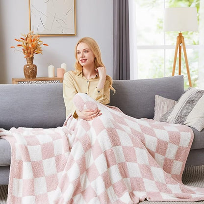 WRENSONGE Checkered Throw Blanket, Pink Soft Cozy Fluffy Warm Hand Made Throw Blankets for Couch, Sofa, Chair, Bed, Camping, Picnic, Travel Lightweight Bed Blankets for Women Mothers Birthday Gifts