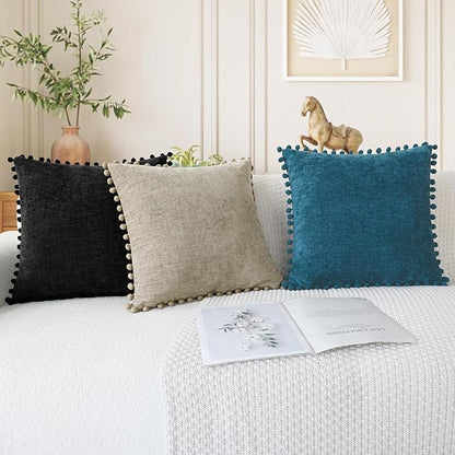 CaliTime Throw Pillow Covers Decorative 20 X 12 Inches Pack of 2 Cozy Solid Dyed Soft Chenille Cushion Cases with Pom Poms for Couch Sofa Bed Living Room Home Black