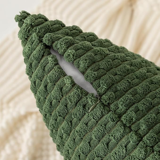 Kevin Textile 12x24 Inch Pillow Cover 1 Pack Boho Decorative Soft Striped Corduroy Lumbar Farmhouse Solid Color Accent Rectangle Cushion Case for Living Room Couch Sofa Bed, Moss Green