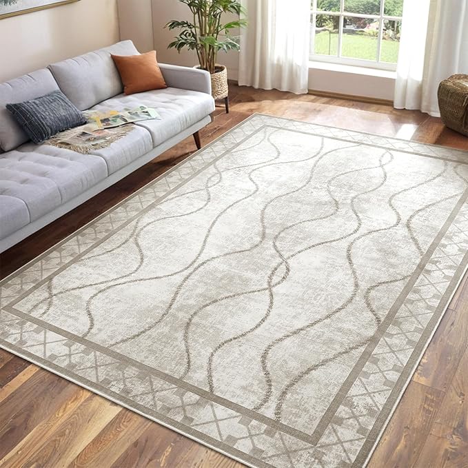 4x6 Area Rugs for Bedroom Living Room, Machine Washable Low Pile Rugs, Non Slip Modern Bordered Print Indoor Carpet for Entryway Office Dining Room Dorm Home Decor, Beige