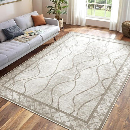 5x7 Area Rugs for Living Room, Machine Washable Rugs, Non-Slip Backing Low Pile Indoor Floor Rugs, Large Modern Carpet for Bedroom Entryway Classroom Playroom Dining Room Home Decor, Beige